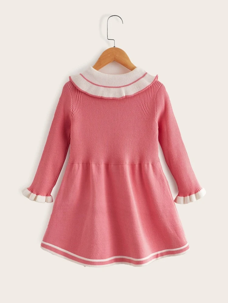 Young Girl Striped Trim Peter Pan Collar Flare Sleeve Sweater Dress
