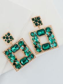 Rhinestone Decor Geo Drop Earrings - màu xanh lá - Xem 4