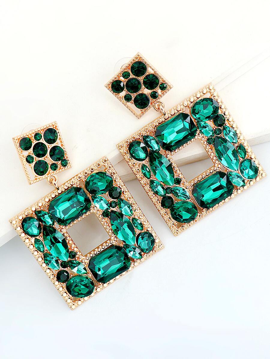 Rhinestone Decor Geo Drop Earrings - màu xanh lá - Xem 1