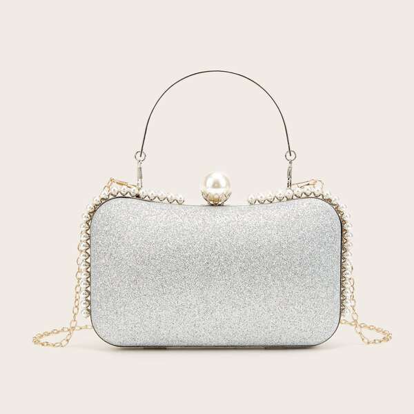 

Faux Pearl Decor Glitter Box Bag, Silver