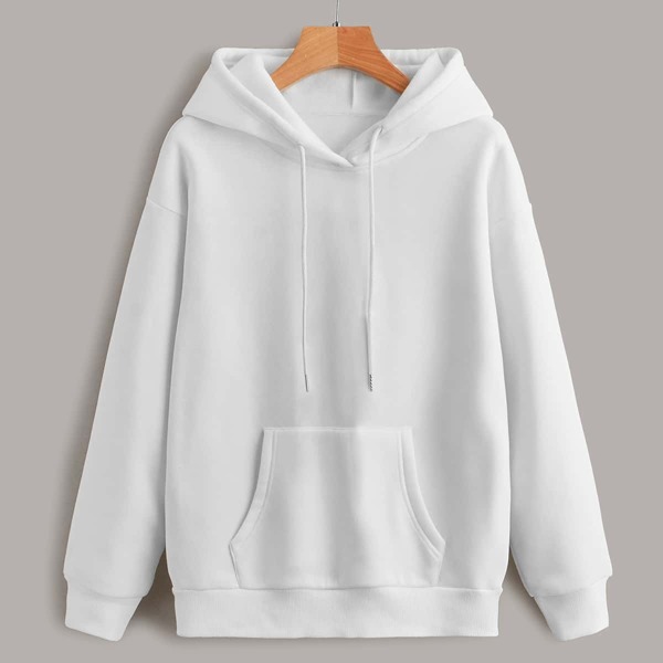 

Kangaroo Pocket Drop Shoulder Drawstring Hoodie, White