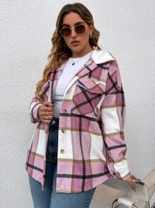Flirla Plus Plaid Flap Pocket Drop Shoulder Overcoat - Multicolor - View 1