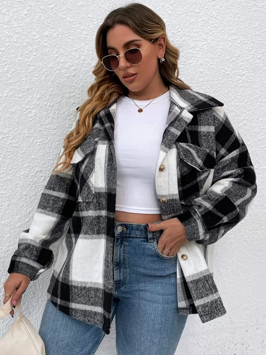 SHEIN LUNE Plus Plaid Flap Pocket Drop Shoulder Overcoat Fall Winter Cloth For Women Autumn - Black and White - View 1
