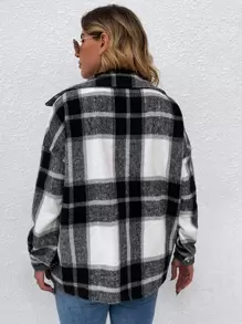 SHEIN LUNE Plus Plaid Flap Pocket Drop Shoulder Overcoat Fall Winter Cloth For Women Autumn - Black and White - View 2