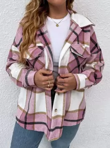 Flirla Plus Plaid Flap Pocket Drop Shoulder Overcoat - Multicolor - View 3