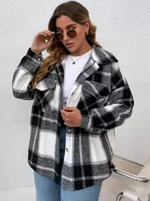 SHEIN LUNE Plus Plaid Flap Pocket Drop Shoulder Overcoat Fall Winter Cloth For Women Autumn - Black and White - View 3