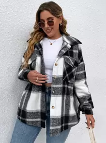 SHEIN LUNE Plus Plaid Flap Pocket Drop Shoulder Overcoat Fall Winter Cloth For Women Autumn - Black and White - View 5