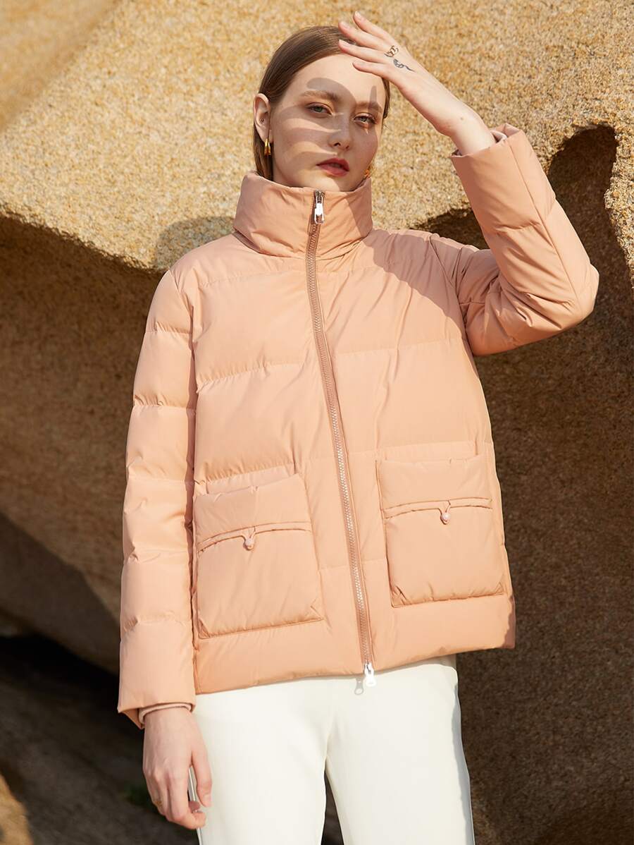 Chiquease 拉鏈開襟抽繩羽絨服 - 珊瑚橙 - 查看 1