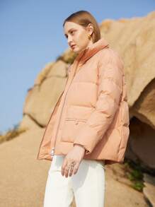 Chiquease 拉鏈開襟抽繩羽絨服 - 珊瑚橙 - 查看 3