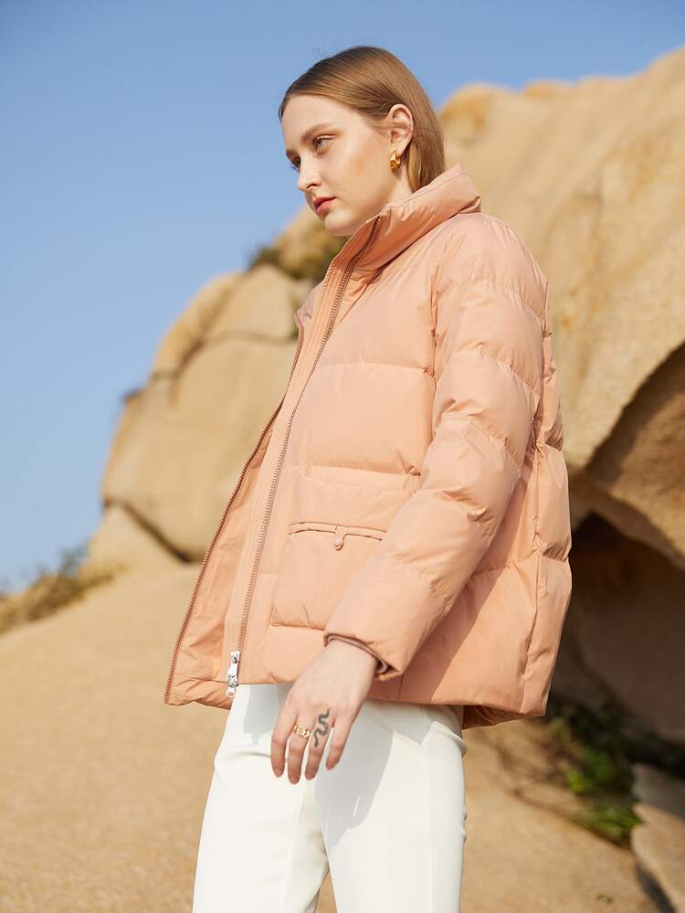 Chiquease 拉鏈開襟抽繩羽絨服 - 珊瑚橙 - 查看 3