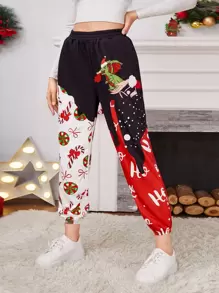 SHEIN Christmas Print And Colorblock Sweatpants - Multicolor - View 1