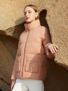 Chiquease 拉鏈開襟抽繩羽絨服 - 珊瑚橙 - 查看 5