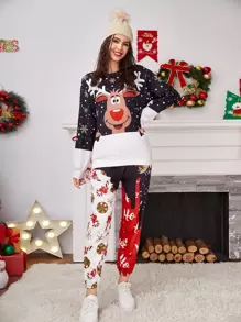 SHEIN Christmas Print And Colorblock Sweatpants - Multicolor - View 3
