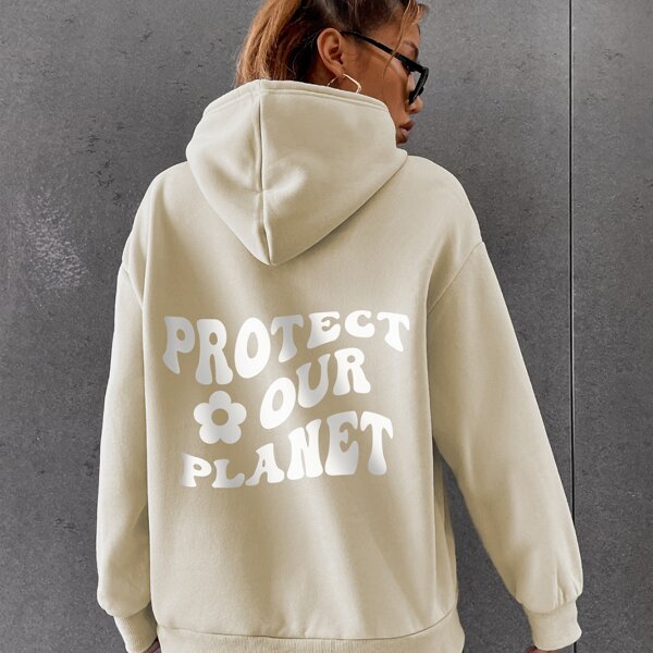 

Slogan & Floral Print Drawstring Kangaroo Pocket Thermal Lined Hoodie, Beige