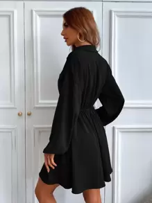 Chiquease Lantern Sleeve Flap Detail Shirt Dress Without Belt,Ladies Casual Button,Fake Pockets Long Sleeve Collar Regular Fit Short Black Bishop Sleeve Plain Shirt Women Short Dresses,Spring/Fall,Casual Daily Wear - Black - View 2