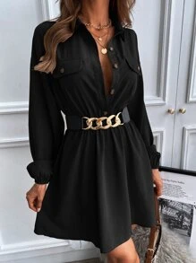 Chiquease Lantern Sleeve Flap Detail Shirt Dress Without Belt,Ladies Casual Button,Fake Pockets Long Sleeve Collar Regular Fit Short Black Bishop Sleeve Plain Shirt Women Short Dresses,Spring/Fall,Casual Daily Wear - Black - View 3