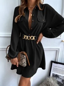 Chiquease Lantern Sleeve Flap Detail Shirt Dress Without Belt,Ladies Casual Button,Fake Pockets Long Sleeve Collar Regular Fit Short Black Bishop Sleeve Plain Shirt Women Short Dresses,Spring/Fall,Casual Daily Wear - Black - View 5