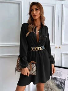 Chiquease Lantern Sleeve Flap Detail Shirt Dress Without Belt,Ladies Casual Button,Fake Pockets Long Sleeve Collar Regular Fit Short Black Bishop Sleeve Plain Shirt Women Short Dresses,Spring/Fall,Casual Daily Wear - Black - View 6
