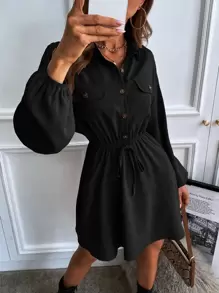 Chiquease Lantern Sleeve Flap Detail Shirt Dress Without Belt,Ladies Casual Button,Fake Pockets Long Sleeve Collar Regular Fit Short Black Bishop Sleeve Plain Shirt Women Short Dresses,Spring/Fall,Casual Daily Wear - Black - View 7