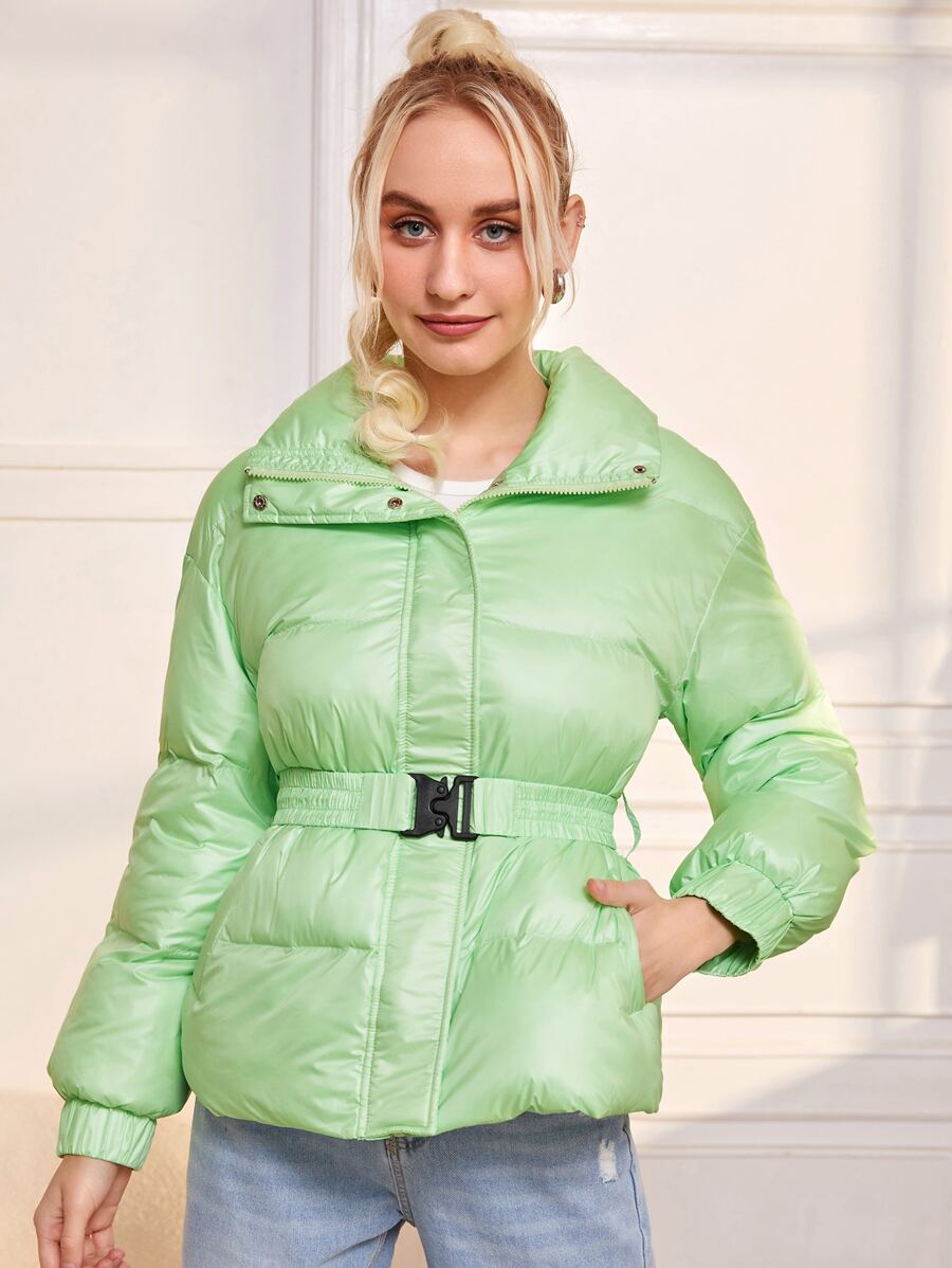 SHEIN Shirred Buckle Belted Padded Coat - Lime Green - View 1