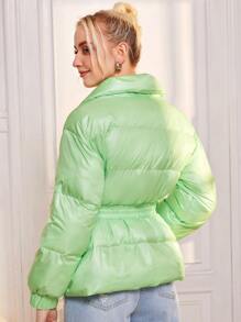 SHEIN Shirred Buckle Belted Padded Coat - Lime Green - View 2