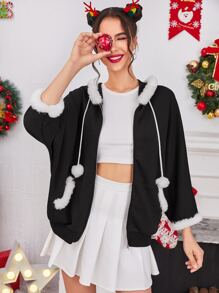 SHEIN EZwear Contrast Fuzzy Trim Pom Pom Drawstring Hooded Batwing Sleeve Coat - Black - View 1