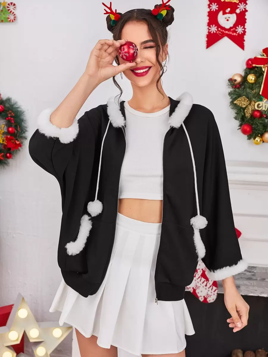 SHEIN EZwear Contrast Fuzzy Trim Pom Pom Drawstring Hooded Batwing Sleeve Coat - Black - View 1
