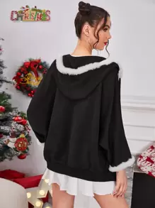 SHEIN EZwear Contrast Fuzzy Trim Pom Pom Drawstring Hooded Batwing Sleeve Coat - Black - View 2