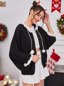 SHEIN EZwear Contrast Fuzzy Trim Pom Pom Drawstring Hooded Batwing Sleeve Coat - Black - View 5