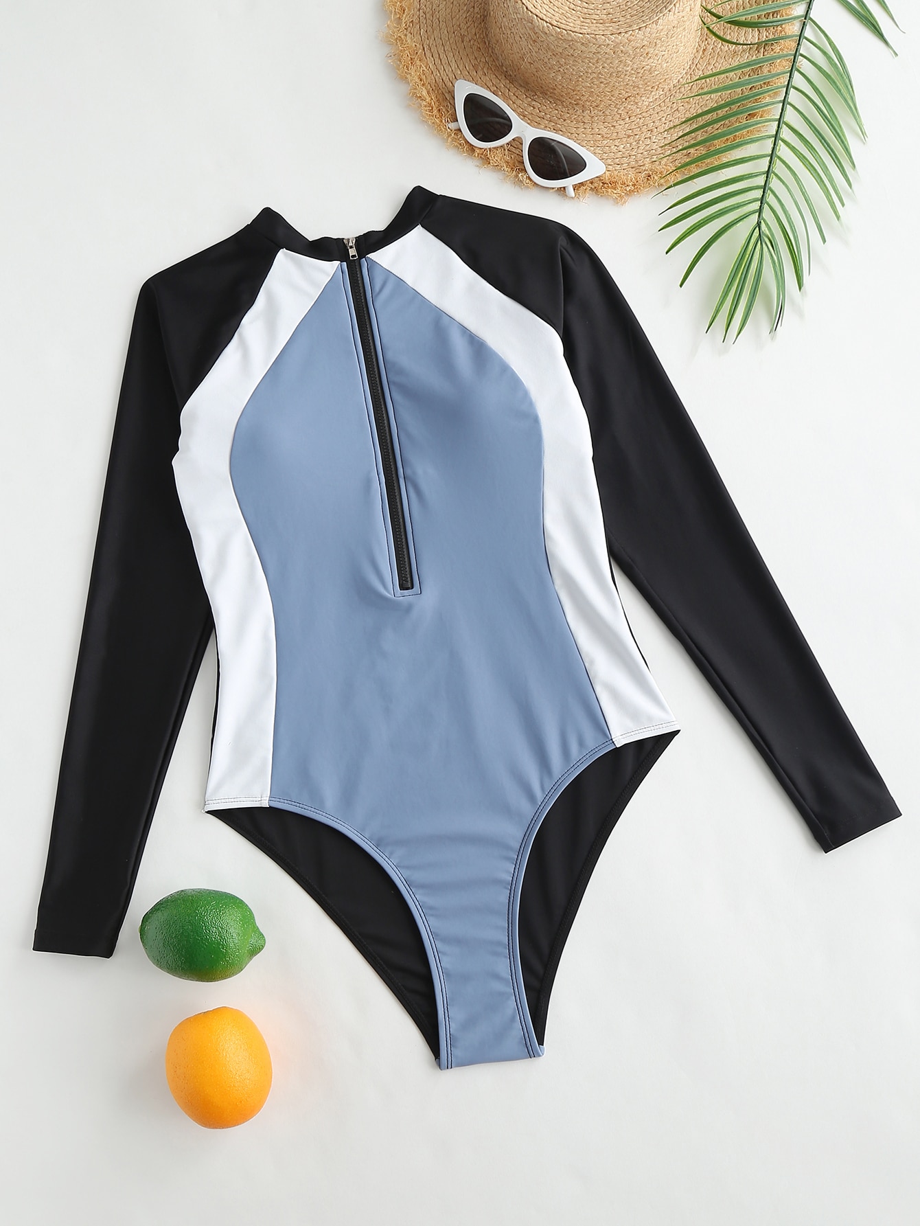Color Block Zipper Front One Piece Swimsuit | SHEIN USA
