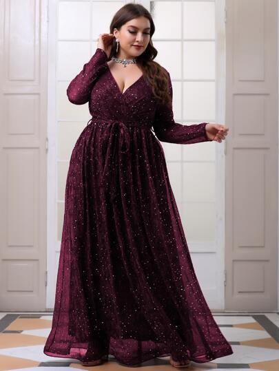plus surplice neck glitter belted maxi dress Surplice Neck Belted Split Thigh Gold Maxi Dress FT2858