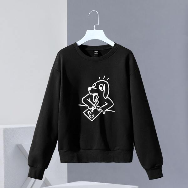 

Cartoon Graphic Drop Shoulder Sweatshirt, Black