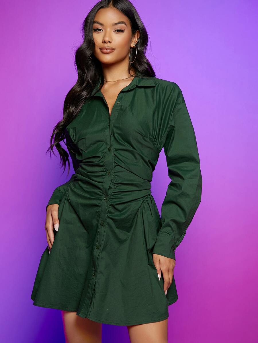 SHEIN BAE Vestido camisero de hombros caídos fruncido con botón - Verde Oscuro - Ver 1
