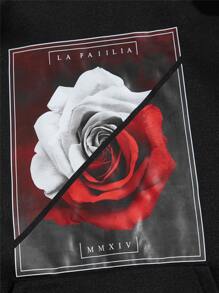 ROMWE MEN Men Letter Floral Graphic Kangaroo Pocket Drawstring Hoodie - Black - View 3