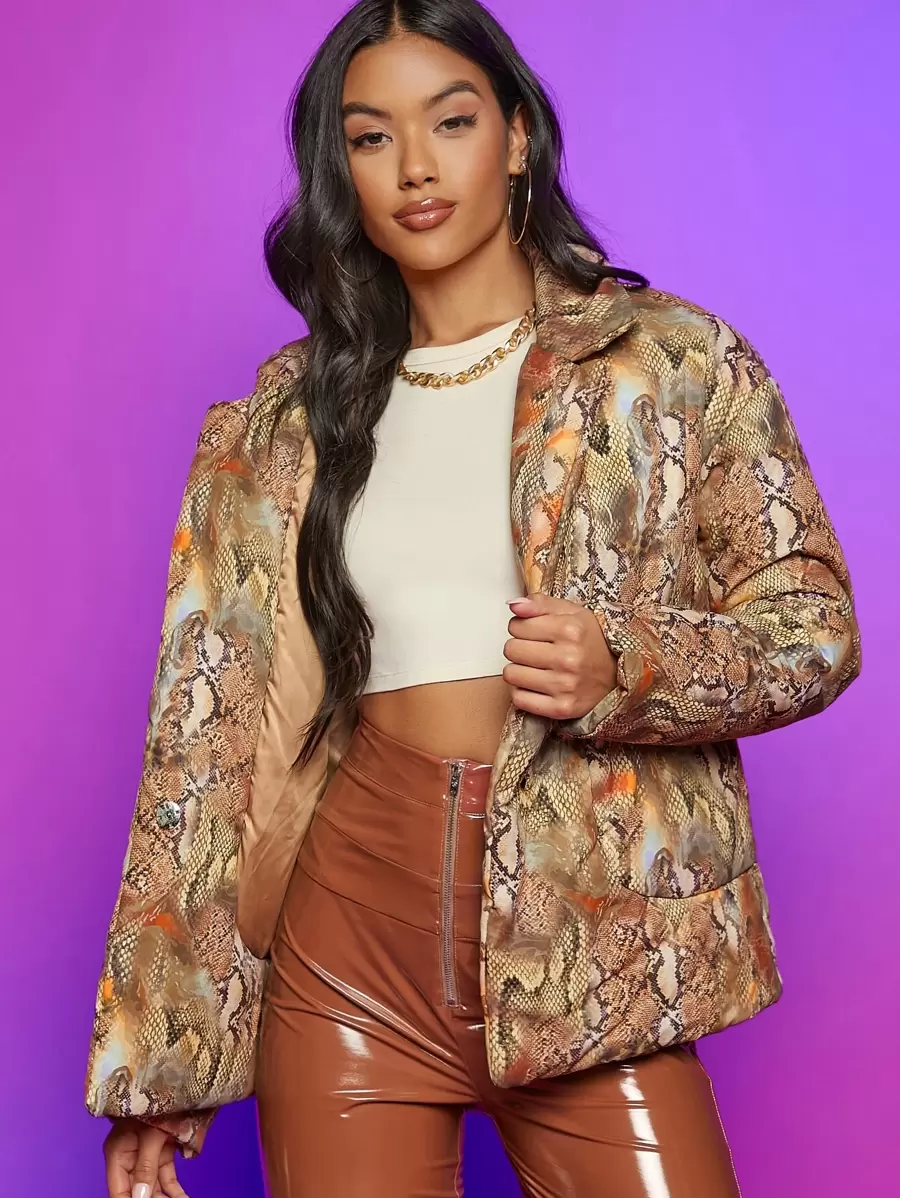 SHEIN SXY Snakeskin Print Drop Shoulder Padded Coat - Multicolor - View 1