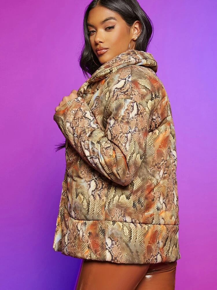 Snakeskin Print Drop Shoulder Padded Coat