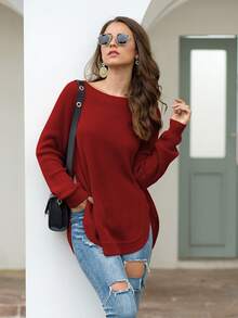 圓領弧形下擺毛衣 - 酒紅色 - 查看 3