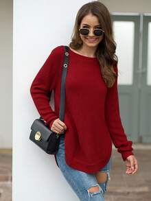 圓領弧形下擺毛衣 - 酒紅色 - 查看 4