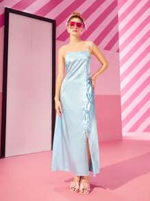 NINI 前打結下擺開叉緞面吊帶連衣裙 - 淺藍色 - 查看 1