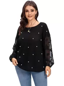 Plus Contrast Mesh Pearls Bishop Sleeve Tee - Black - View 1