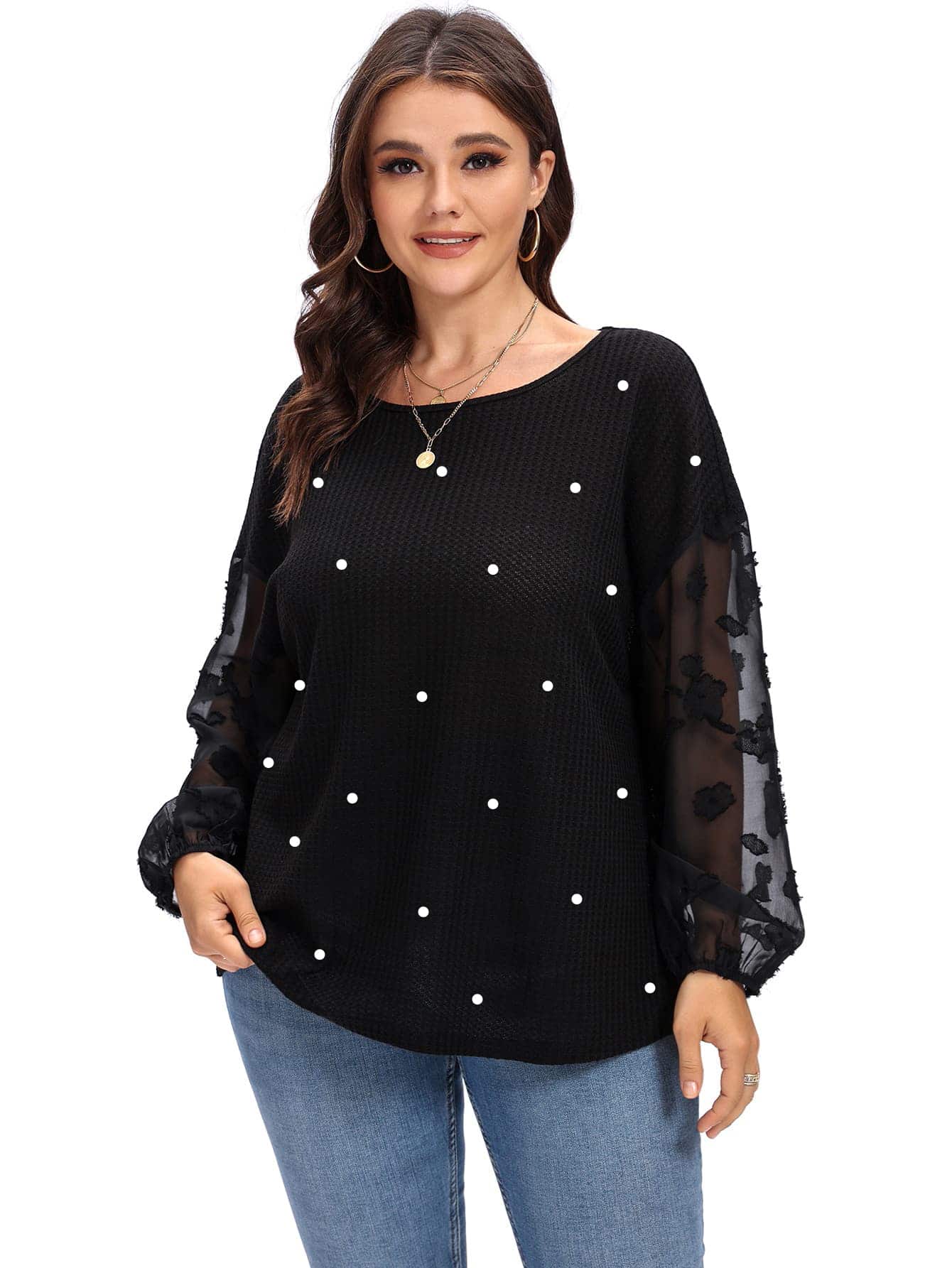 Plus Contrast Mesh Pearls Bishop Sleeve Tee - Black - View 1