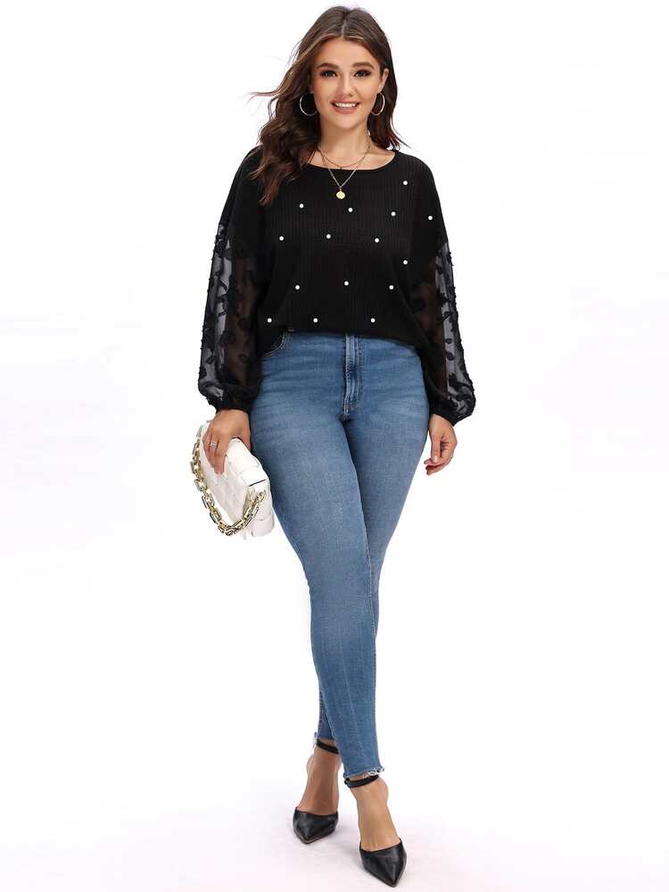 SHEIN Clasi Camiseta de malla en contraste con perla de manga obispo - Negro - Añade 3