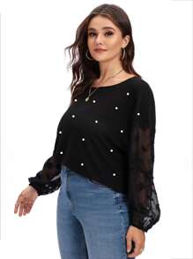 Plus Contrast Mesh Pearls Bishop Sleeve Tee - Black - View 5