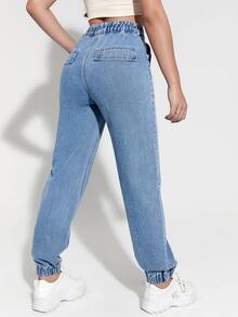 高腰素色束腳牛仔褲 - 淺色水洗藍 - 查看 2