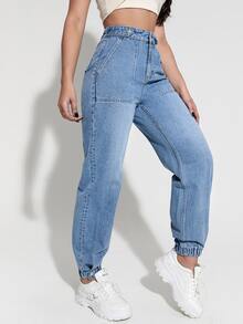 高腰素色束腳牛仔褲 - 淺色水洗藍 - 查看 3