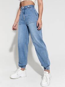 高腰素色束腳牛仔褲 - 淺色水洗藍 - 查看 4