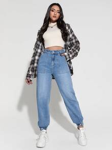 高腰素色束腳牛仔褲 - 淺色水洗藍 - 查看 5