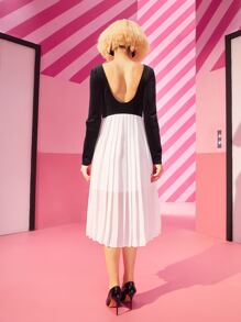 ALANA TRISTAIN 雙色V型後背百褶下擺絲絨洋裝 - 黑色 - 查看 2