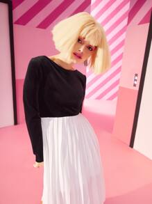 ALANA TRISTAIN 雙色V型後背百褶下擺絲絨洋裝 - 黑色 - 查看 3