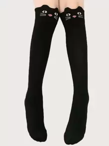 Girls Cat Print Over The Knee Socks - Black - View 1